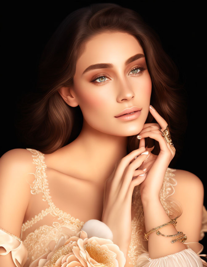 Illustrated portrait of woman with brown hair, green eyes, elegant jewelry, floral dress