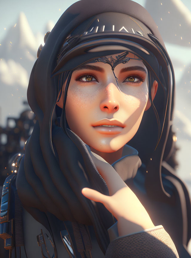 Digital artwork featuring woman with black headscarf and metallic details, freckled face, snowy mountain