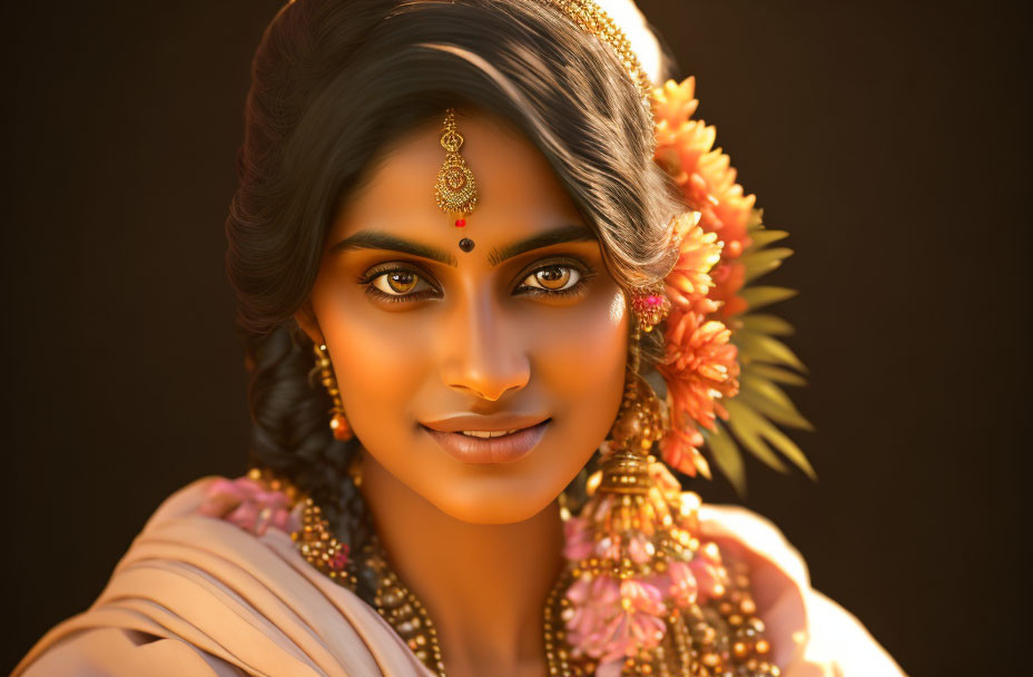 Traditional Indian jewelry adorned woman with tikka and floral hair accessories in warm golden light
