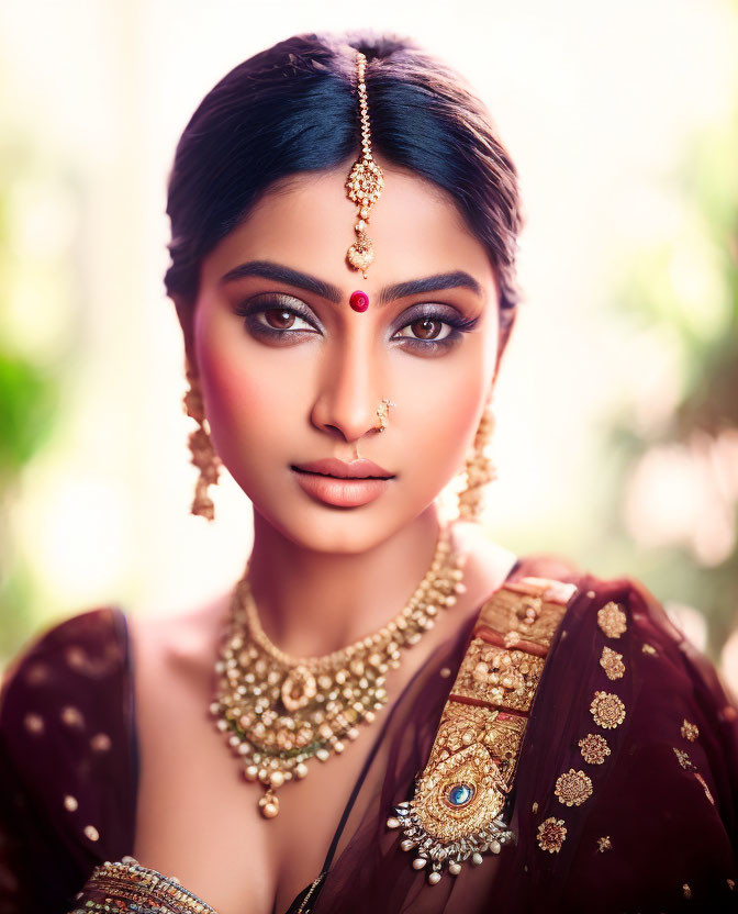 Traditional Indian Makeup and Jewelry on Elegant Woman in Burgundy Outfit