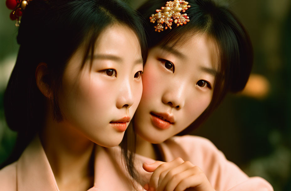 Traditional hair accessories: Two women in pink outfits in warm-toned setting