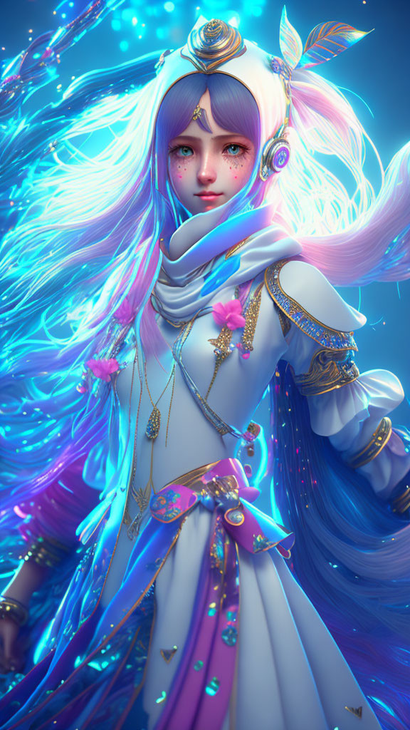 Fantasy Illustration of Character with Long Blue Hair