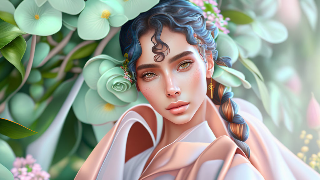 Illustrated portrait of woman with blue hair, freckles, braided hairstyle, and pastel