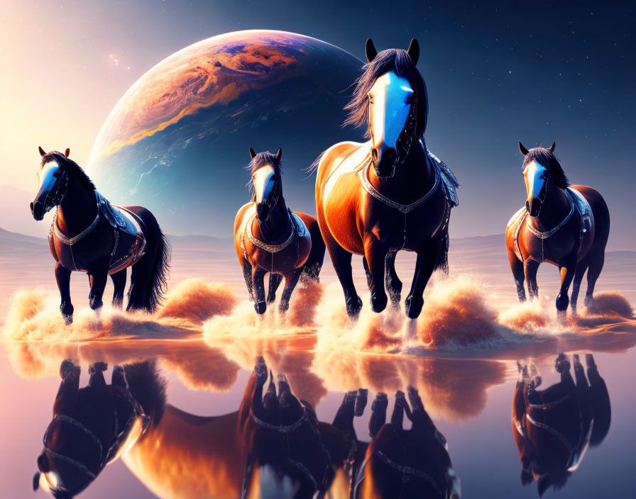 Robotic horses running on a water planet