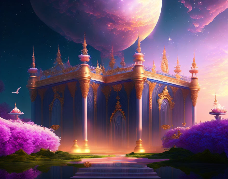 Fantastical palace with golden spires under purple sky and giant planet, surrounded by pink flora
