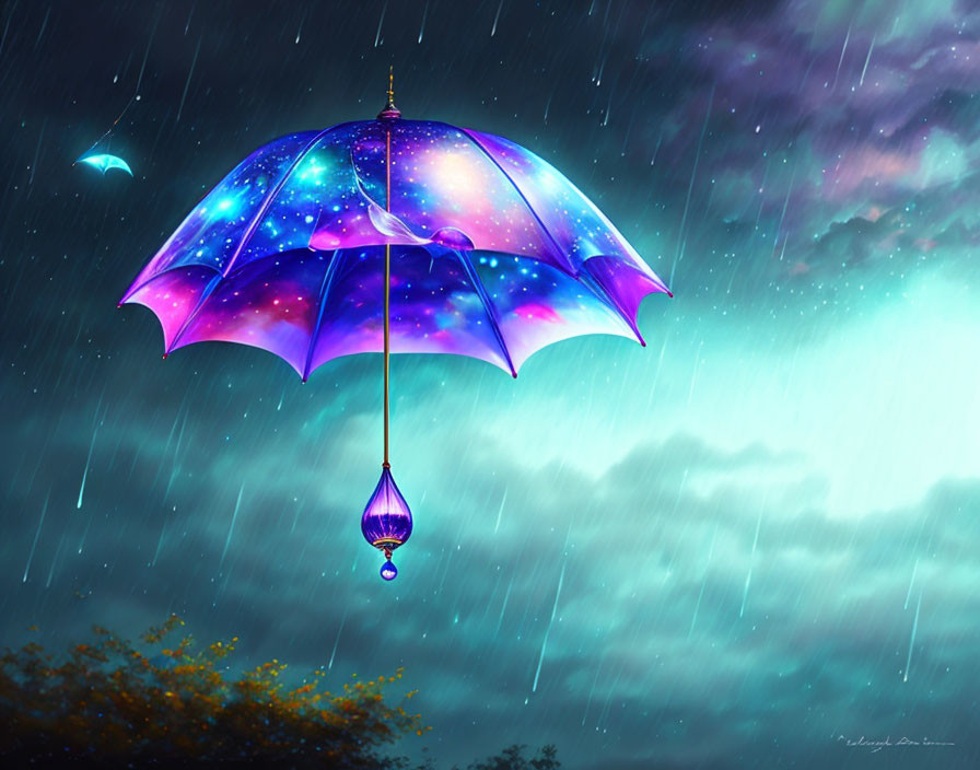 a glass umbrella flying across a rainy night sky.