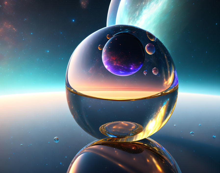 a glass sphere floating on a sea of ​​bubbles