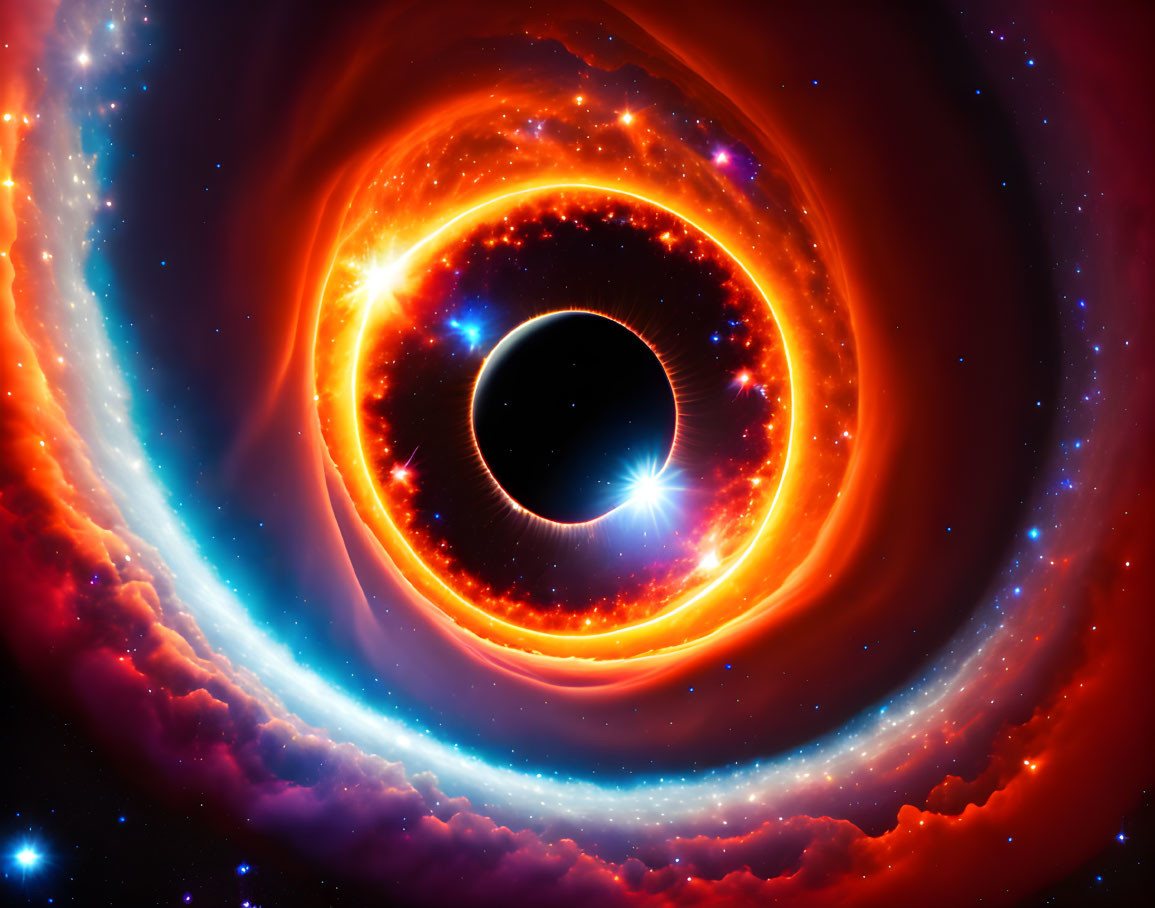 Colorful digital illustration of swirling black hole accretion disks in space
