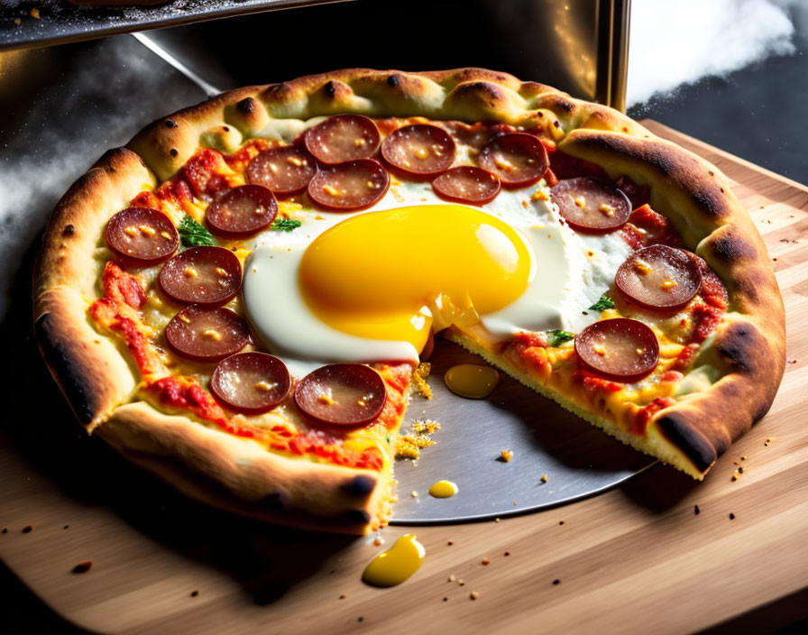Freshly-Baked Pizza with Runny Egg, Pepperoni Slices on Wooden Board