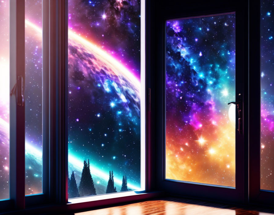 Nighttime Room View: Vibrant Cosmic Scene with Nebula, Stars, and Planet