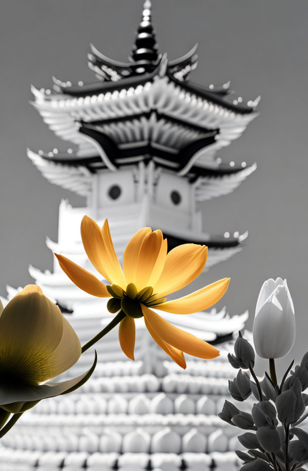 Vibrant Orange Flower Against Monochrome Pagoda Background
