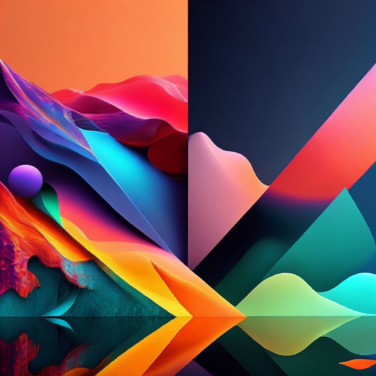 Vibrant abstract art: geometric shapes in fluid landscape on dark background