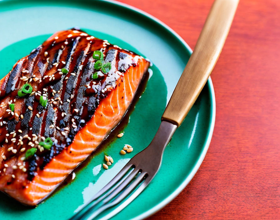 Sesame Seed and Green Onion Grilled Salmon on Teal Plate