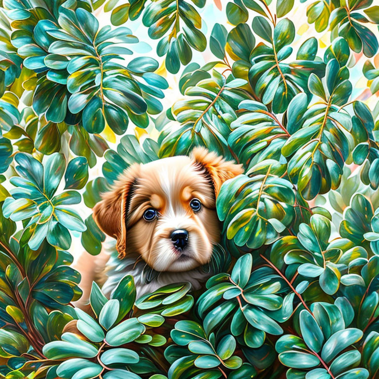 Adorable Puppy with Floppy Ears in Lush Green Foliage
