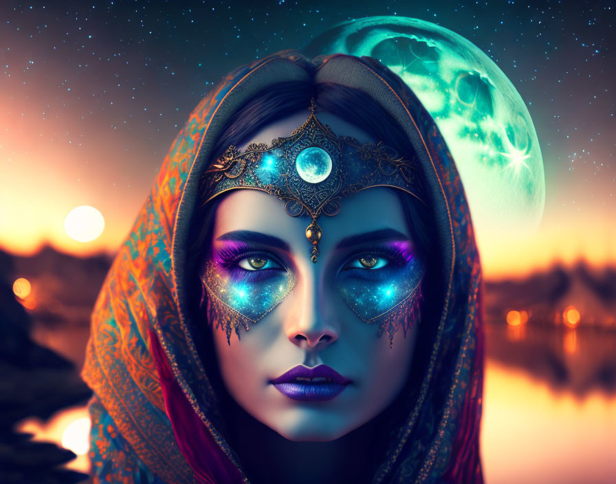 A mystical woman's face adorning the full moon