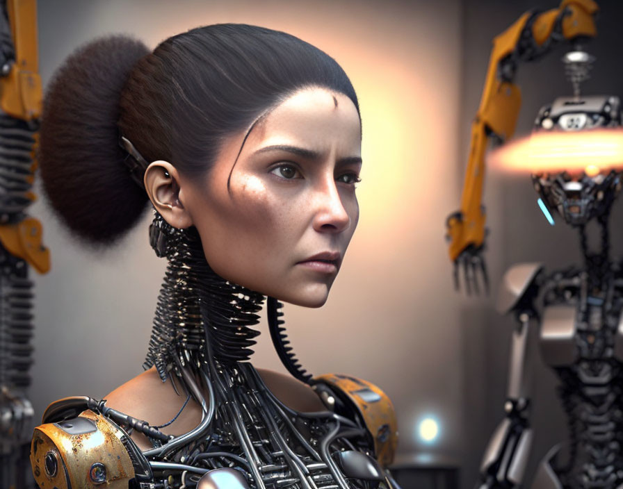 Female Cyborg Close-Up with Intricate Mechanical Details and Robotic Arms