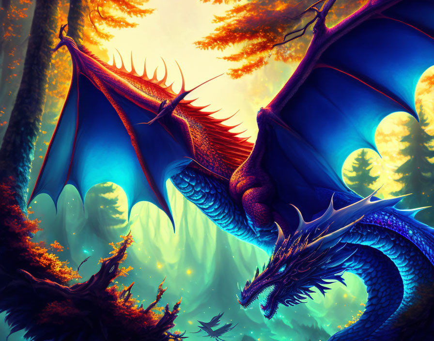 Blue dragon with expansive wings in mystical forest with orange trees and green light
