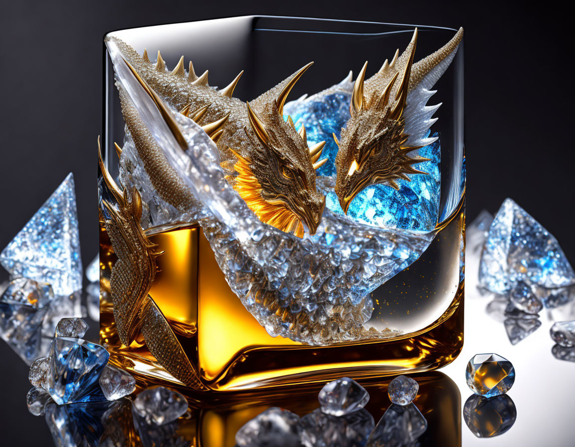 Digital Artwork: Glass of Golden Liquid with Dragons and IceChunks