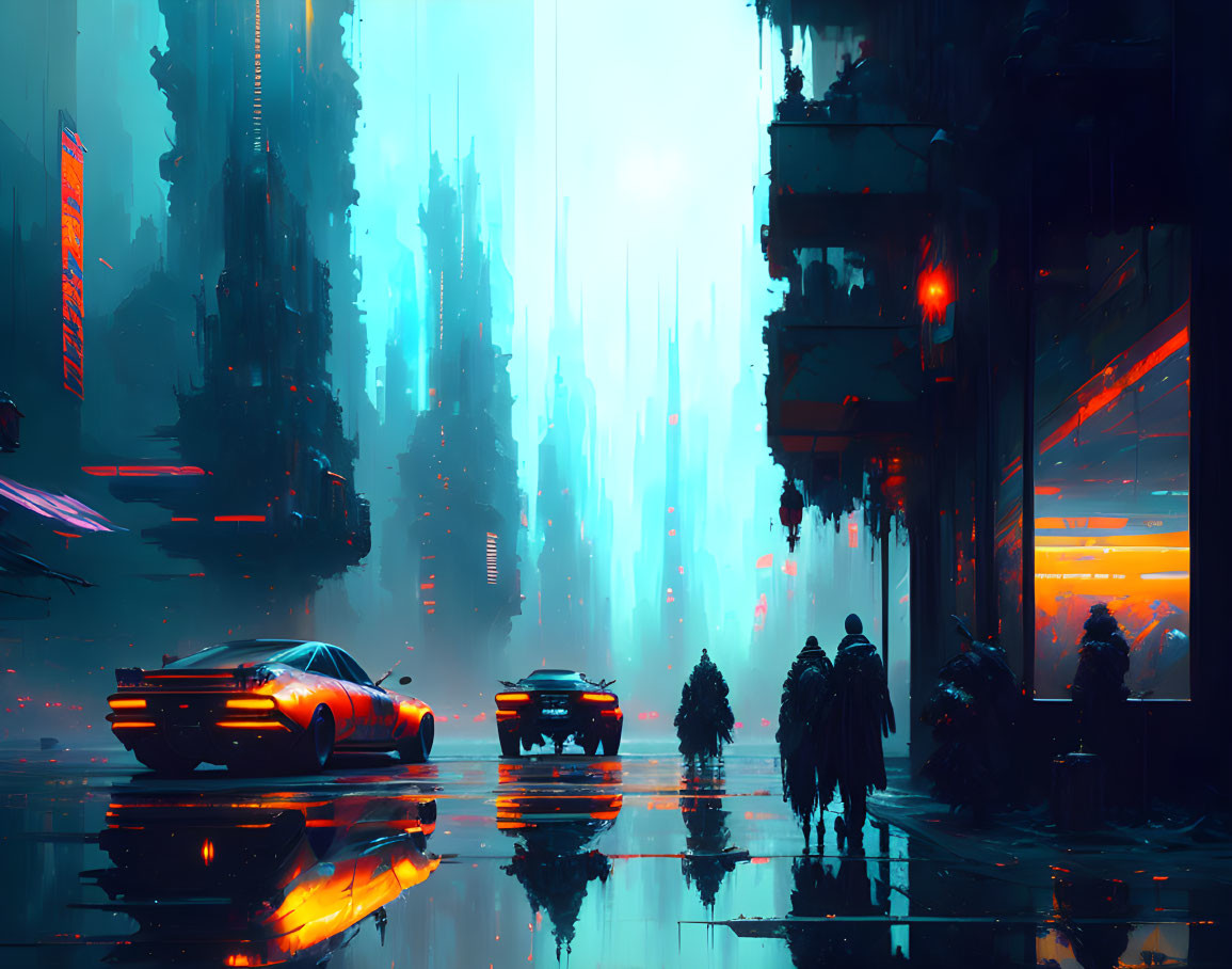 Futuristic cityscape with skyscrapers, neon lights, reflections, silhouettes, cars