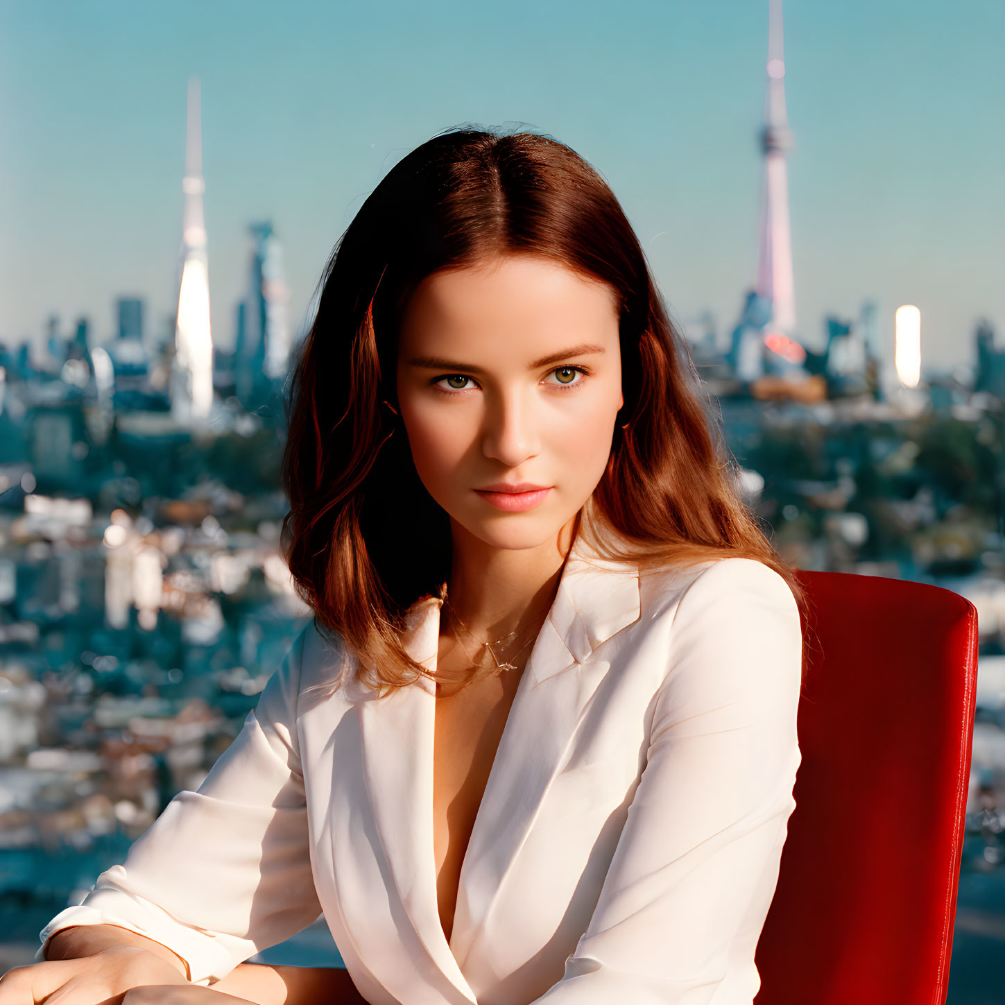 Brown-Haired Woman in White Shirt with Cityscape Background