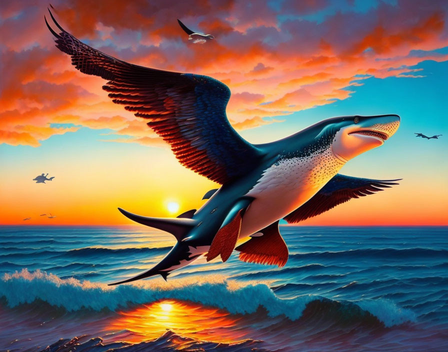 Colorful flying penguin art against sunset sky with ocean waves and bird silhouettes