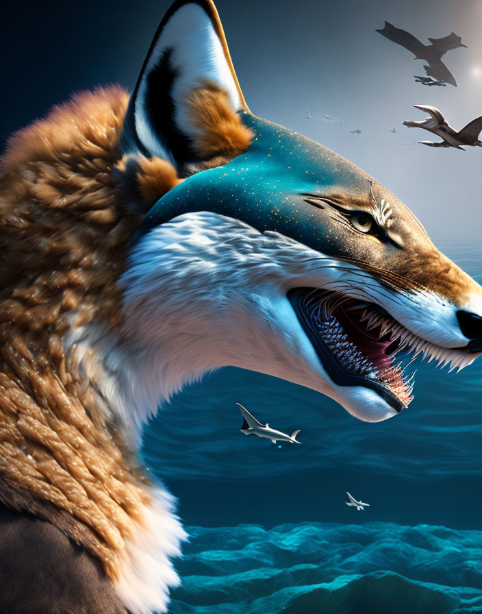 Surreal image of fox head merging with oceanic nightscape
