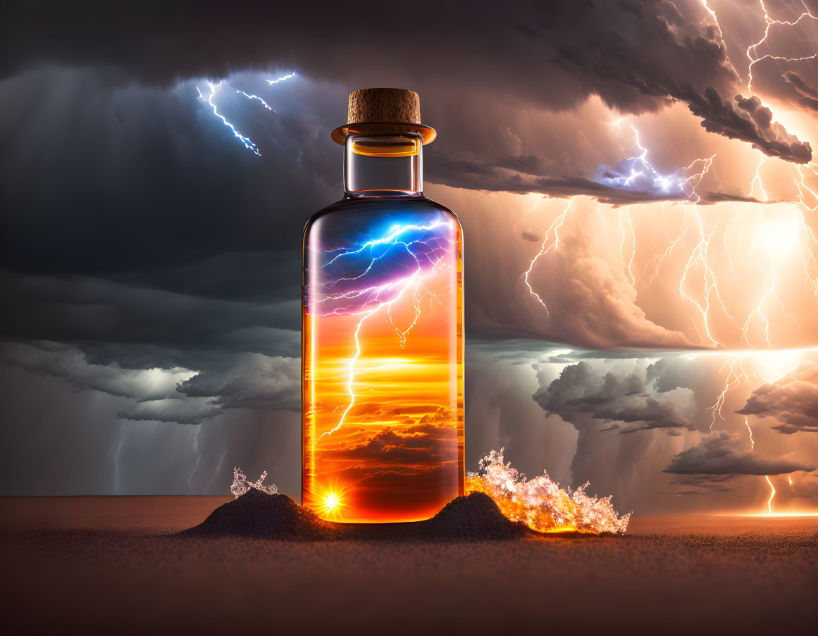 Glass bottle with lightning storm in dramatic cloudy sky