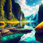 Tranquil river with waterfalls and lush cliffs under sunny sky