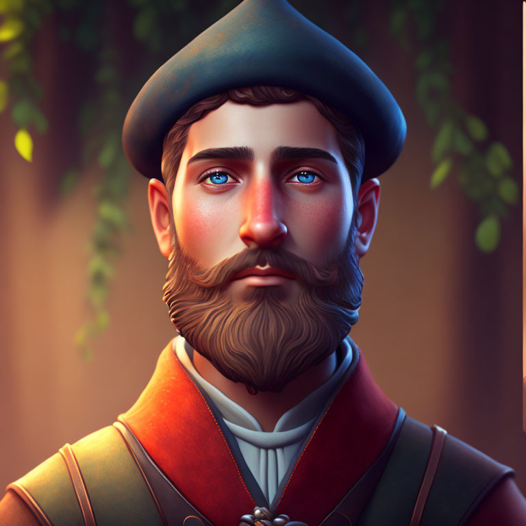 Portrait of a man with beret, blue eyes, full beard, red attire in warm ambiance