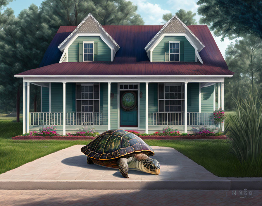 Large Turtle on Stone Path with Blue House and Trees