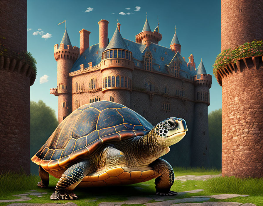 Majestic castle backdrop with large tortoise in foreground