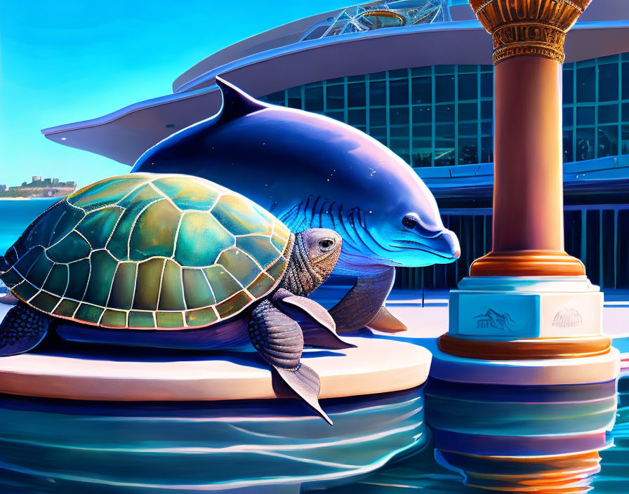 Digital artwork: oversized turtle and dolphin near waterfront with futuristic architecture.