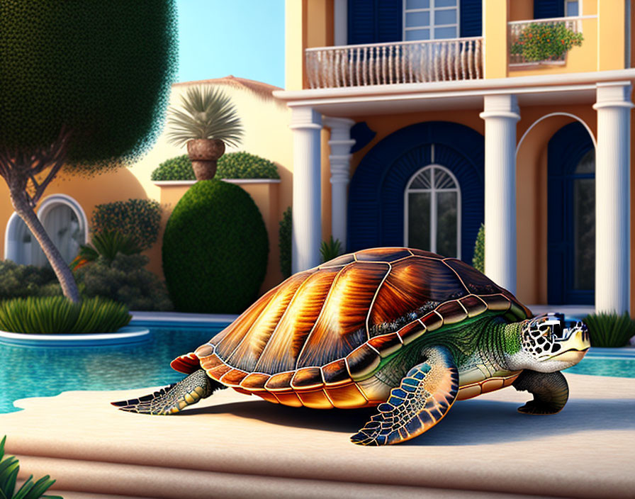 Detailed Turtle Basking on Luxurious Mediterranean Villa Terrace