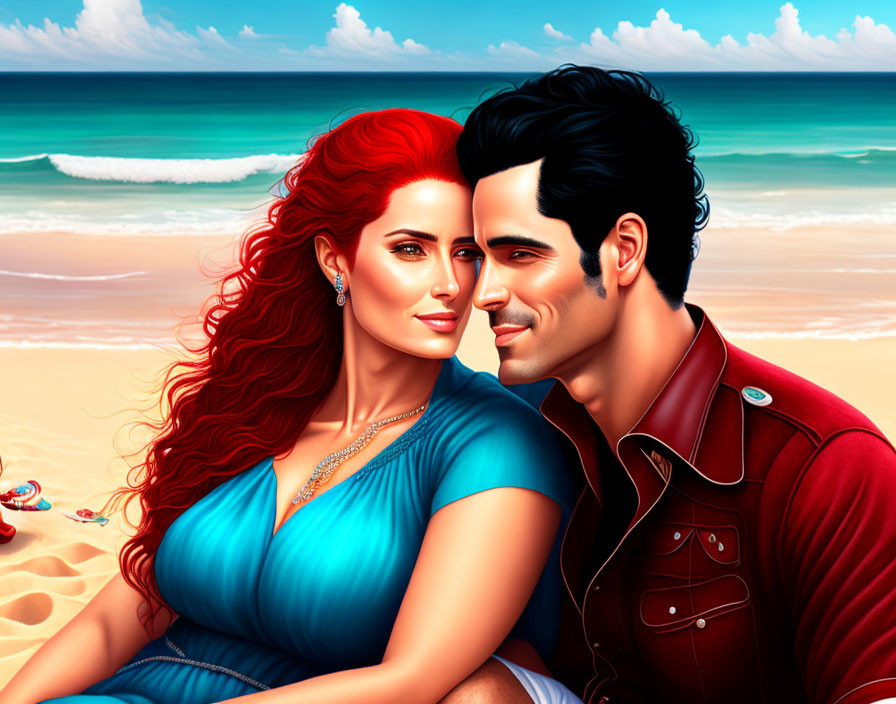 Digital image: Red-haired woman and dark-haired man smiling on sunny beach