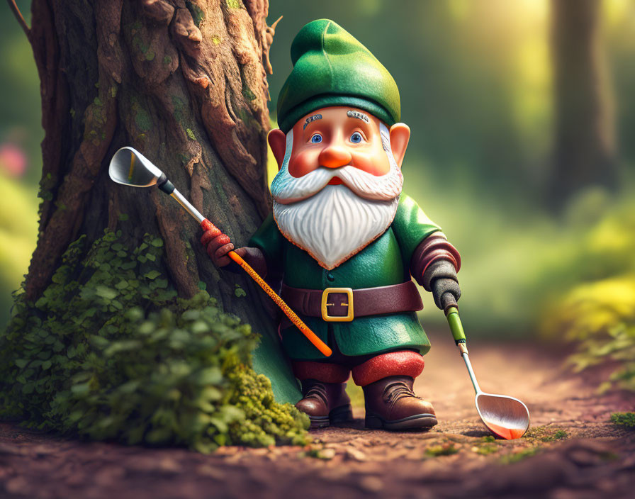 Elderly gnome with golf club in enchanted forest setting
