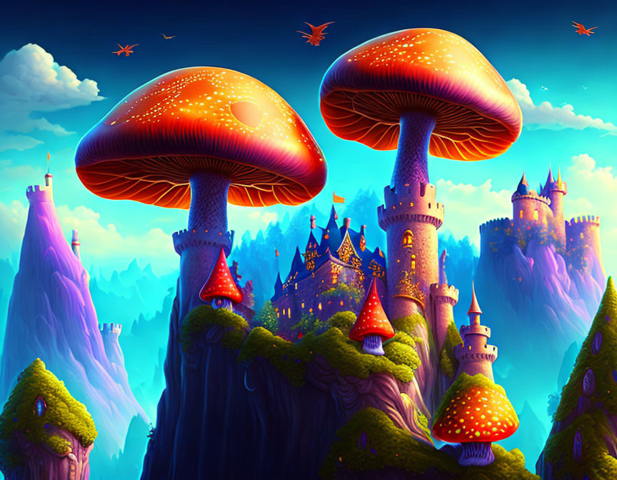Fantasy landscape with giant mushroom castles and floating islands