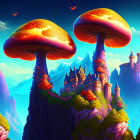 Fantasy landscape with giant mushroom castles and floating islands