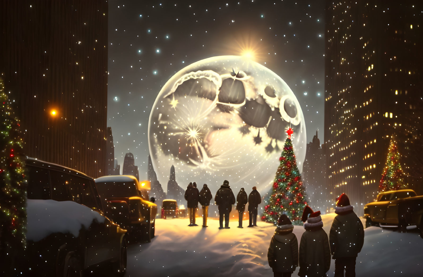 Group of people admiring glowing moon over snowy city street with Christmas tree
