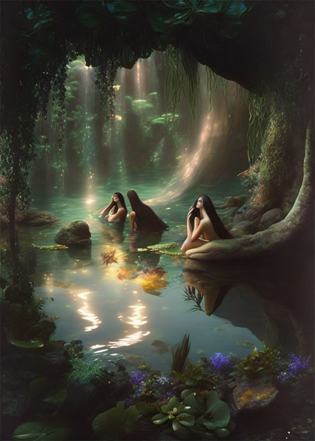Two Women with Long Dark Hair Sitting by Serene Forest Pond