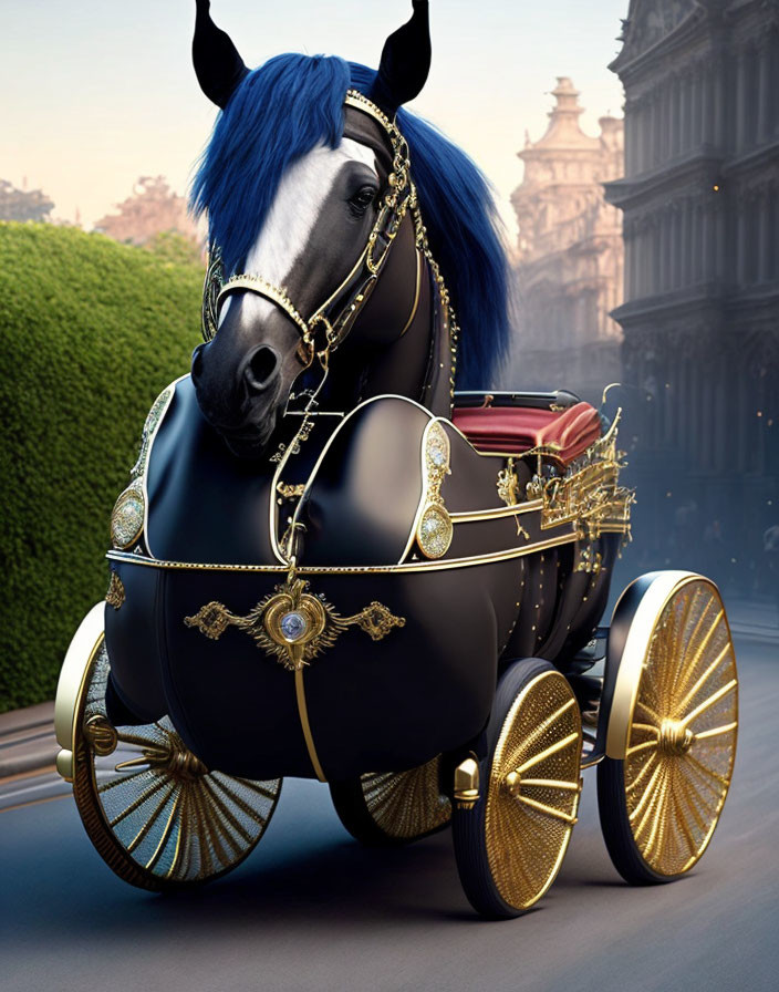 Digitally altered image: Black horse with blue hair pulling golden carriage in city street.