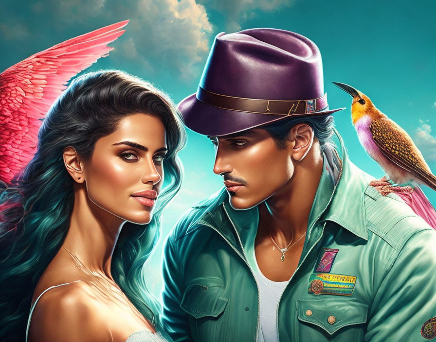 Fantastical man and woman illustration with vibrant colors and red wings