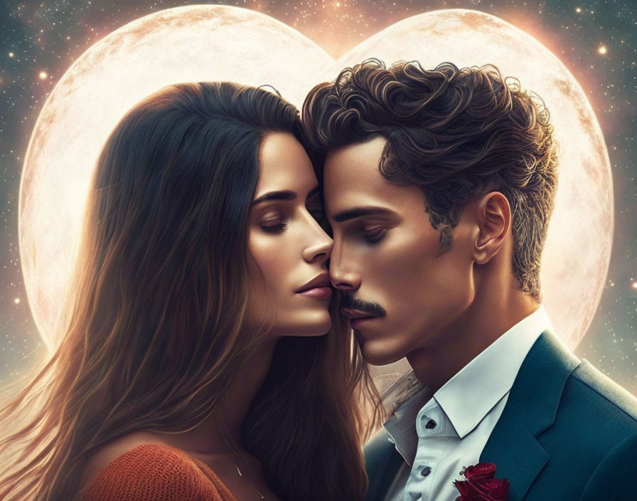 Romantic couple digital illustration with moon backdrop