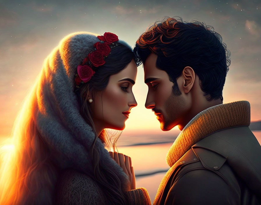 Romantic digital illustration of man and woman in close pose against sunset sky