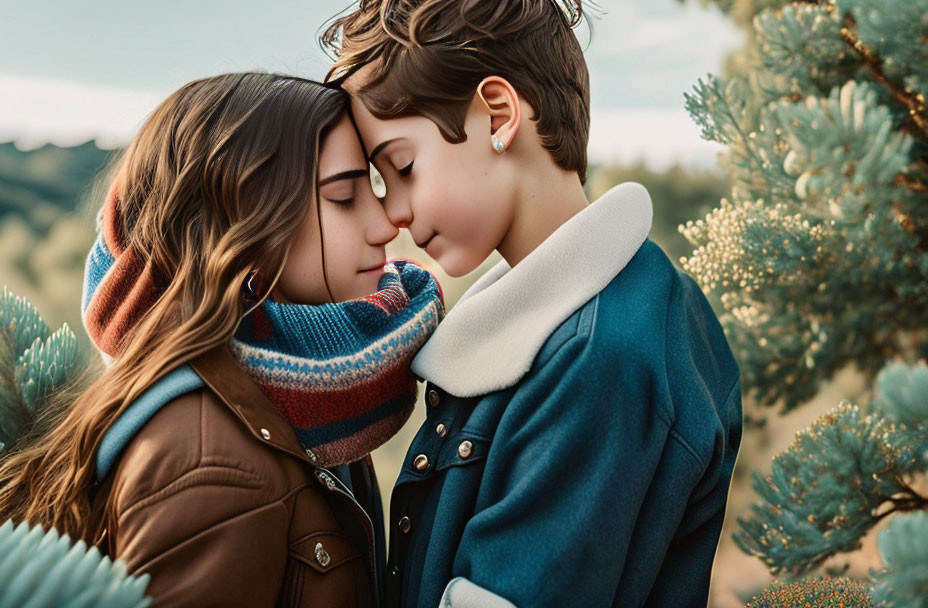 Animated characters in nature sharing a tender moment with foreheads touching