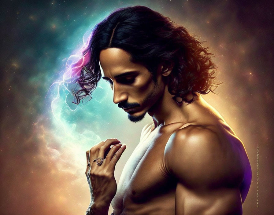 Dark-haired person with beard in digital art, featuring cosmic glow and arm tattoo hint.