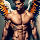 Tattooed man with colorful angel wings