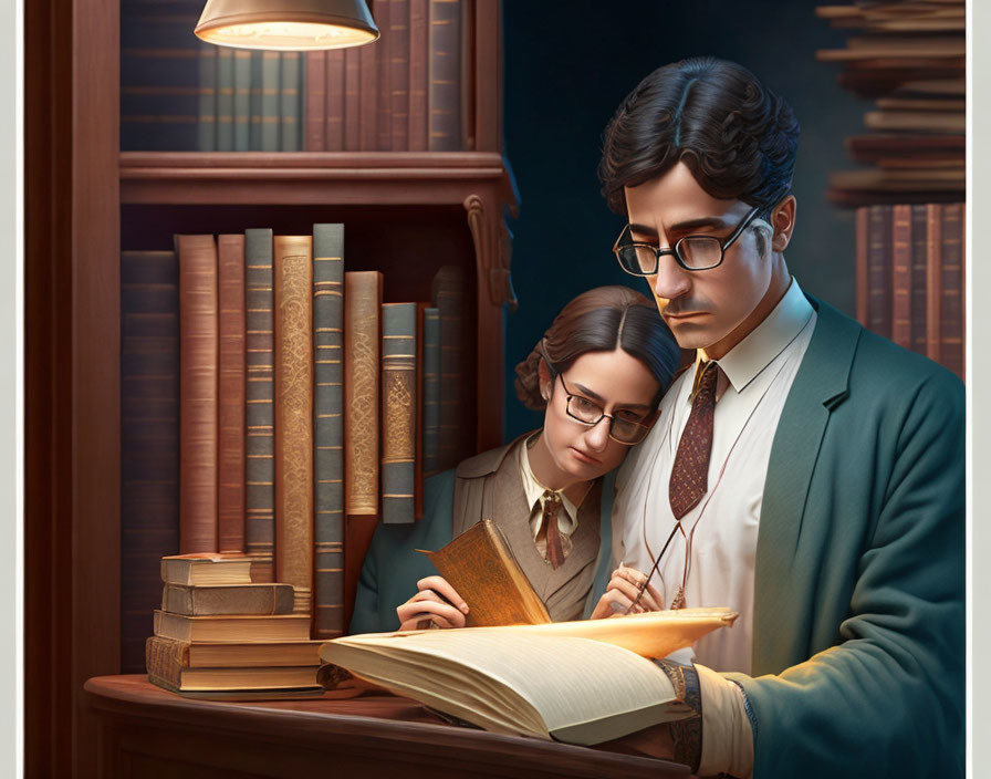 Vintage-dressed duo studying old book in library shelves