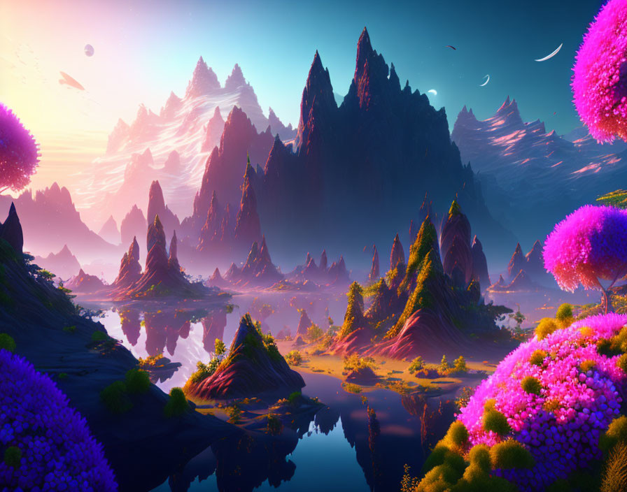 Colorful Fantasy Landscape with Mountains and Water Reflections