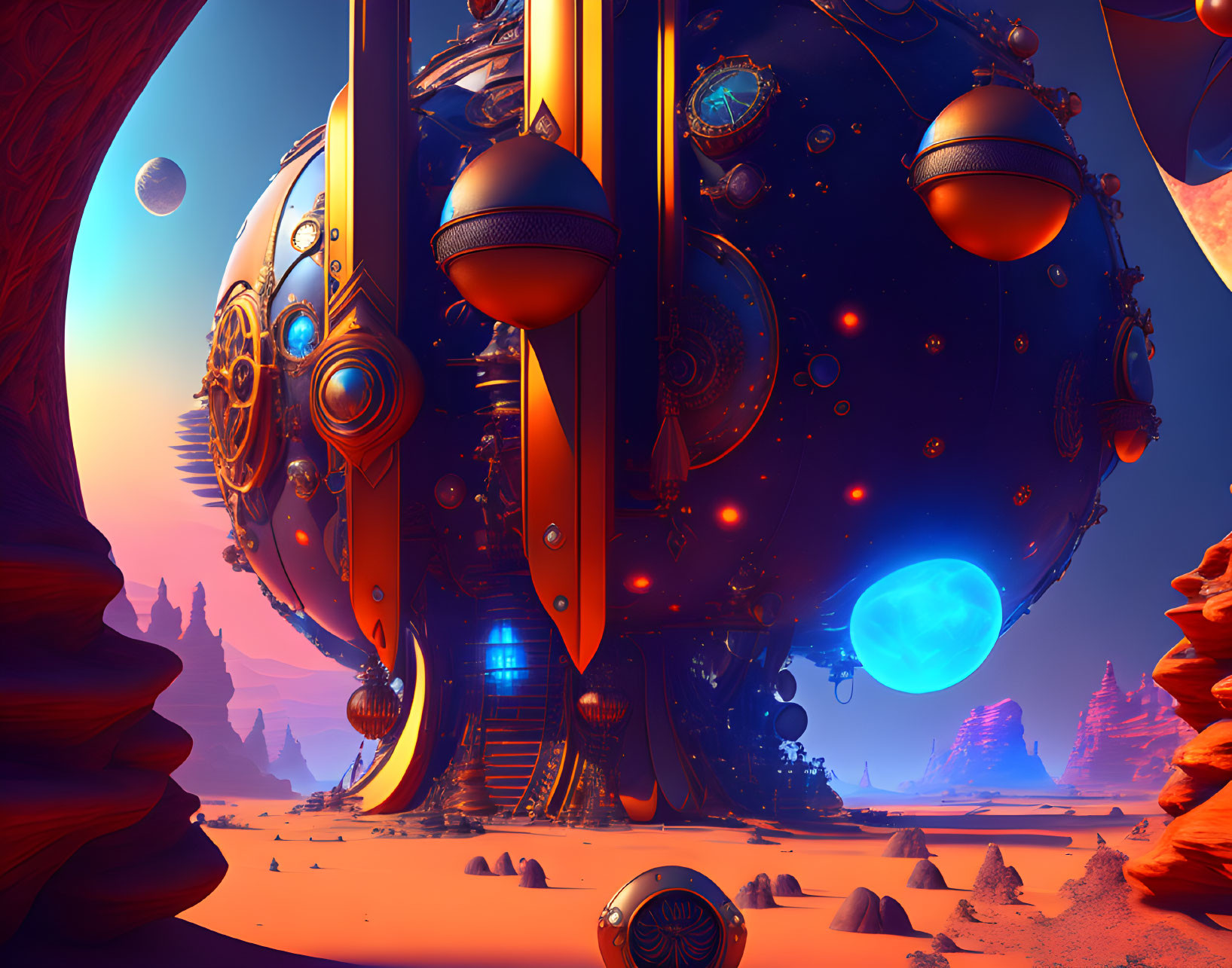 Alien landscape with floating orbs, intricate machinery, and red rocky terrain