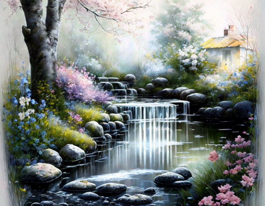 Tranquil stream with cascading waterfall, lush greenery, colorful flowers, and cozy cottage